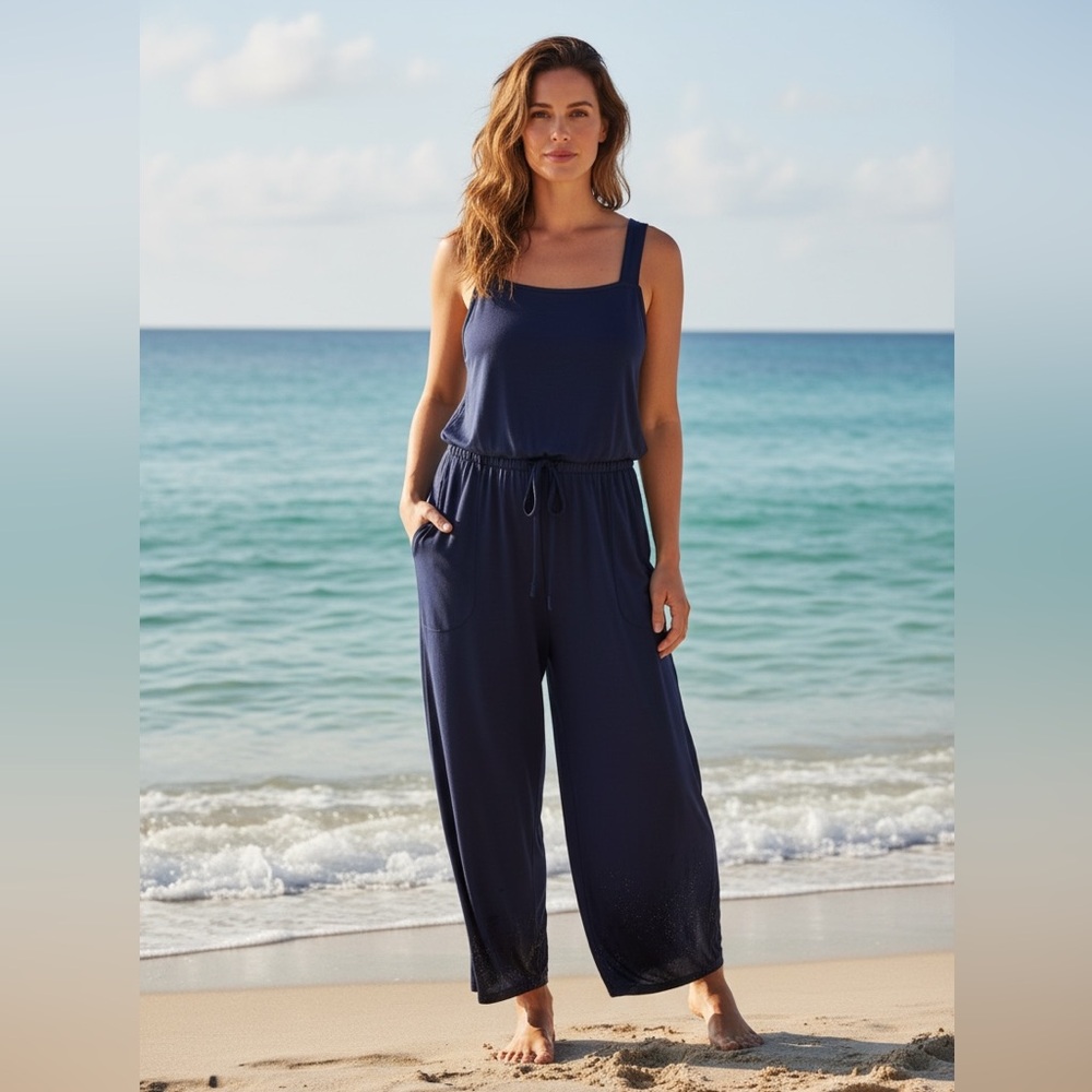 Umgee NWT navy wide leg cinched waist back tie jumpsuit with pockets soft comfy